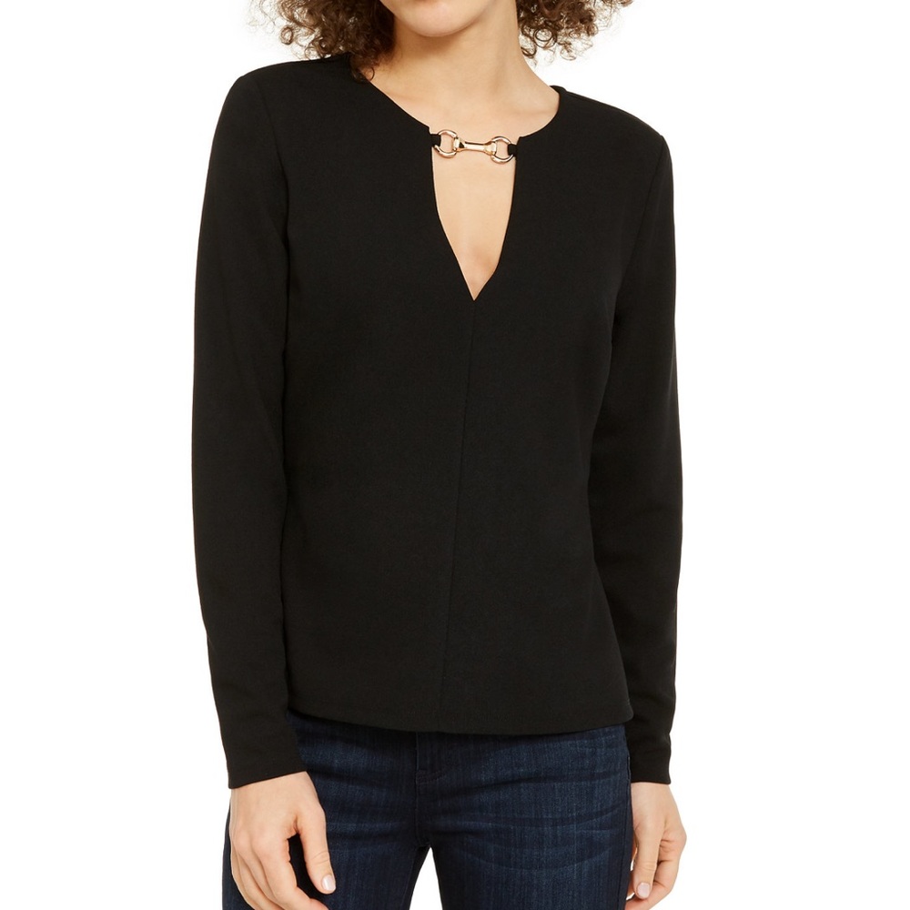 INC Plus size hardware-neck long-sleeved top 1X Deep Black